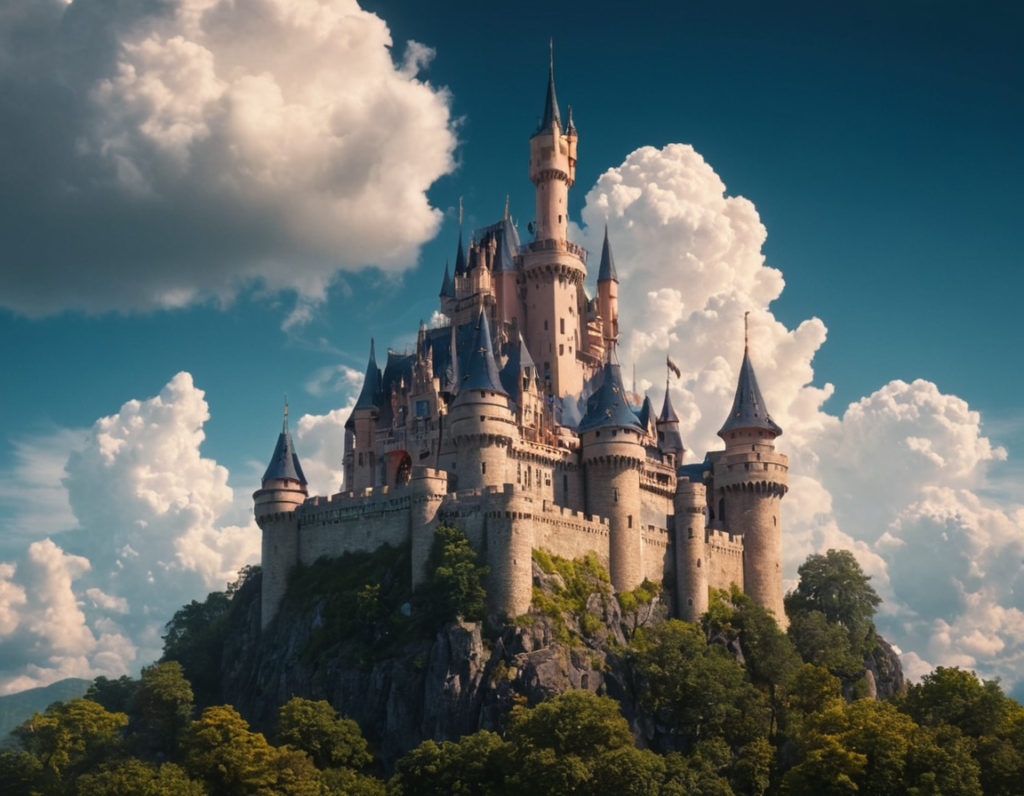 A detailed fantasy castle on a rocky hill surrounded by trees under a dramatic cloudy sky with cinematic lighting