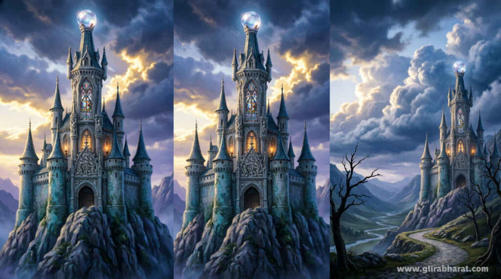 Fantasy castle comparison showing three aspect ratios: vertical portrait (9:16), square (1:1), and wide cinematic landscape (16:9) - same Gothic castle with glowing orb tower, dramatic clouds, and mountain setting