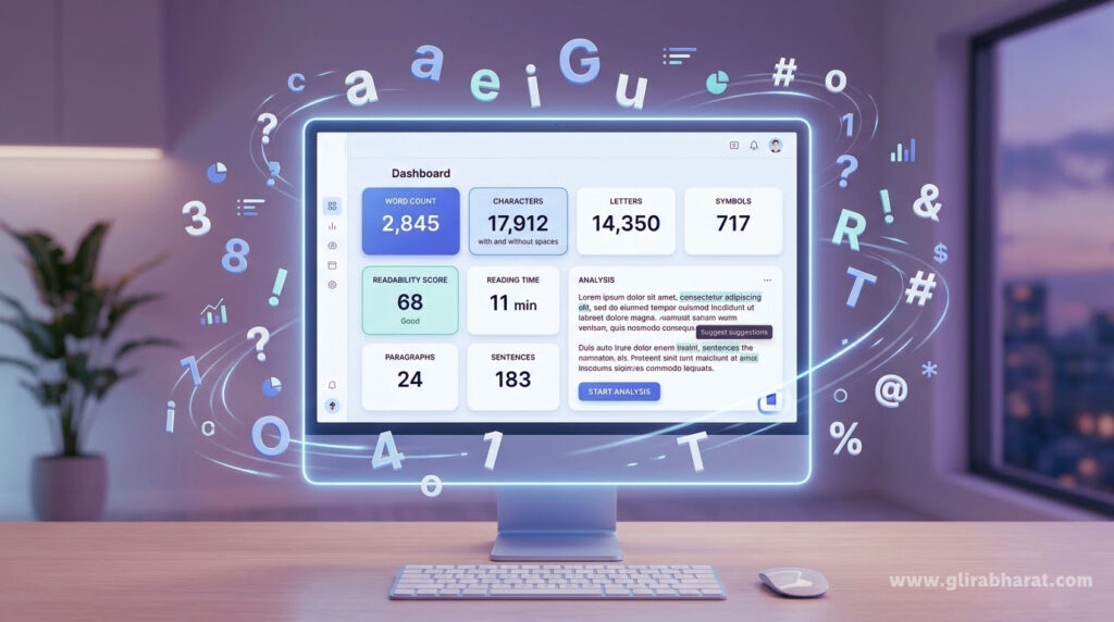 Free word counter and character counter tool showing text analysis with word, character, symbol and line counts