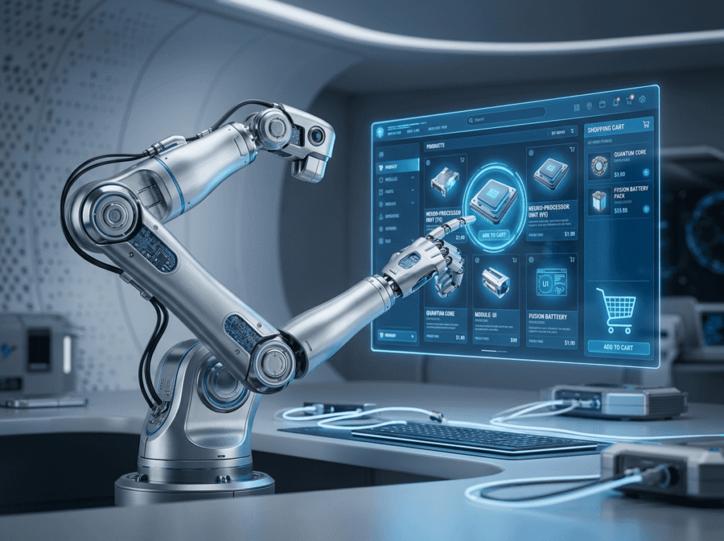 Futuristic illustration of an AI robotic arm browsing a holographic digital storefront and adding items to a virtual cart with no human present, representing the rise of autonomous AI agents that search, compare, and purchase on behalf of users