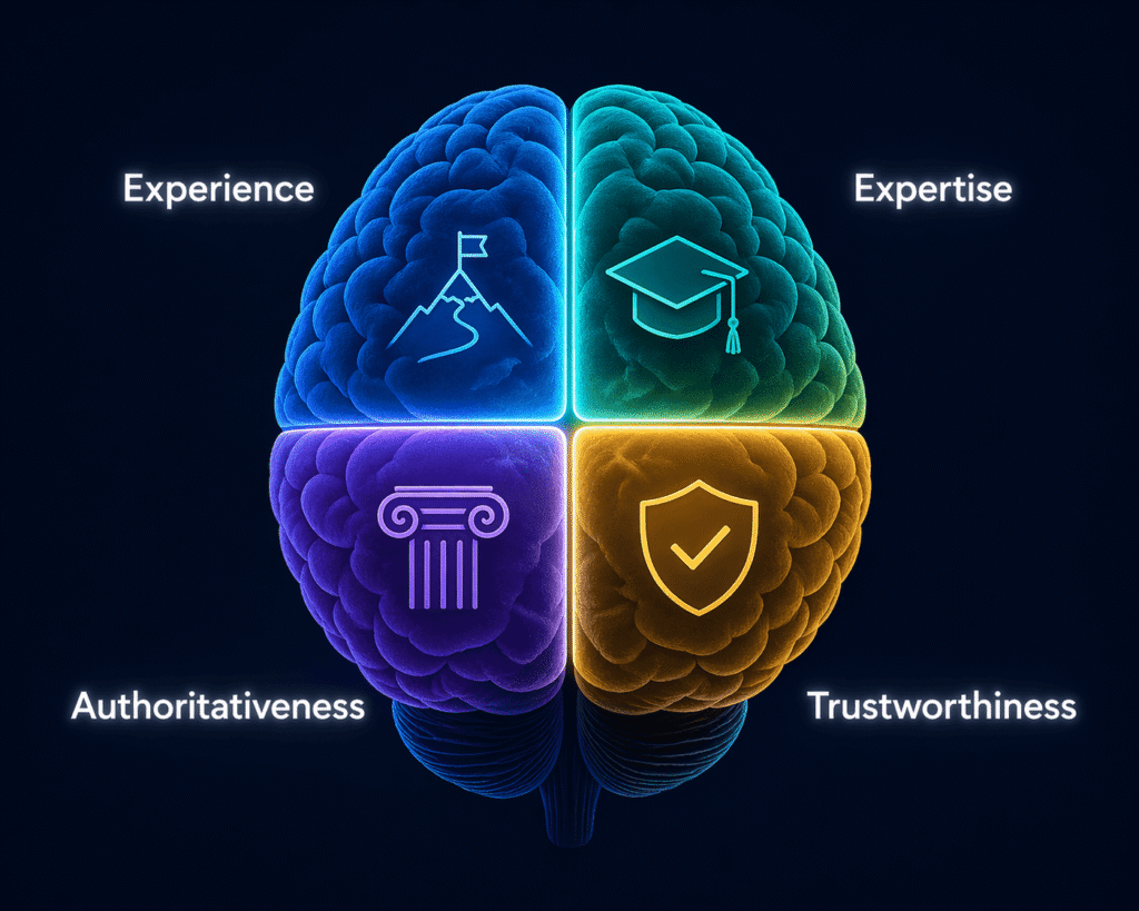 Editorial diagram of a human brain divided into four glowing quadrants labelled Experience, Expertise, Authoritativeness, and Trustworthiness — representing Google's E-E-A-T quality framework used to rank content in AI-era search