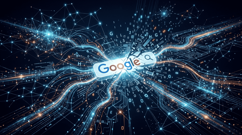 Digital illustration of a fractured Google search bar dissolving into AI neural network nodes and data streams, representing the shift from traditional SEO to AI-driven search in 2026