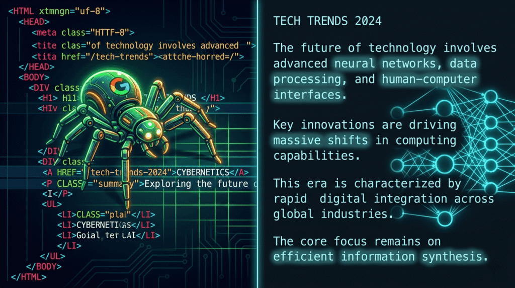 Split-screen tech illustration comparing a traditional Google spider crawling structured HTML code on the left with an LLM neural network reading plain text markup on the right, showing how AI crawlers process web content differently from search engines