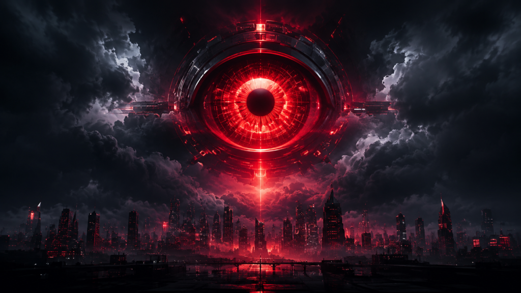 Cinematic AI eye floating above futuristic city for YouTube thumbnail